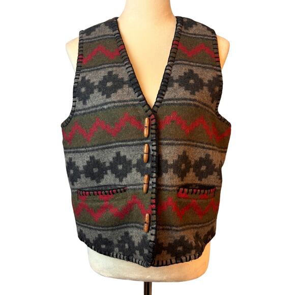 Vintage At Last & Co. Wool Vest Aztec Navajo Pattern Wood Toggle Buttons Large - Picture 1 of 7